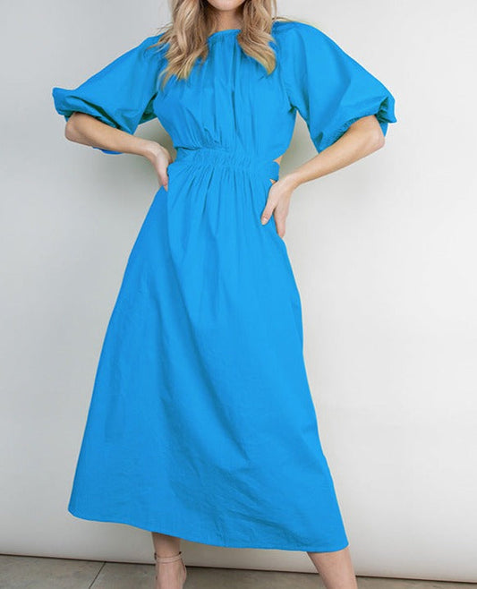 NTG Fad Dress blue / S Lace-up Hollow Puff Sleeve Round Neck Dress
