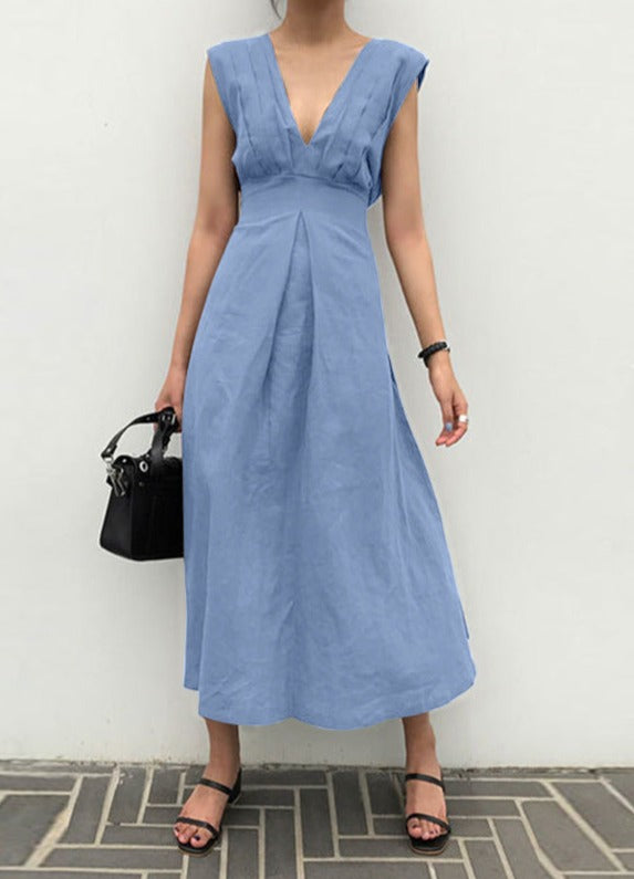NTG Fad Dress blue / S Pleated Panel V-Neck Sleeveless Dress