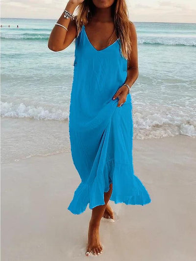 NTG Fad DRESS Blue / S V Neck Backless Strap Beach Vacation Boho Dress