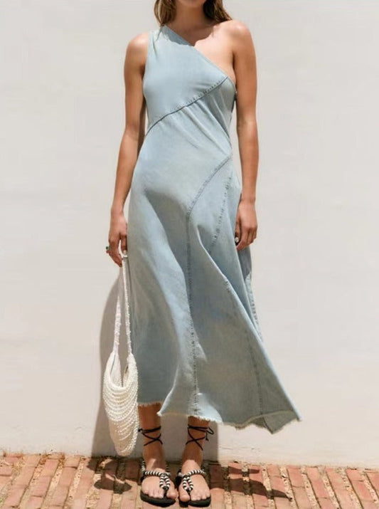 NTG Fad Dress blue / XS Slanting Shoulder Retro Sexy Long Denim Dress