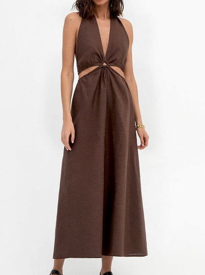 NTG Fad Dress Brown / L Deep V backless long dress
