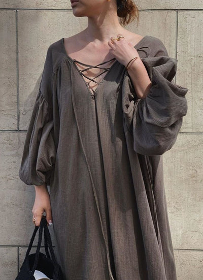 NTG Fad DRESS Brown / One Size Tie Puff Sleeve Loose Dress