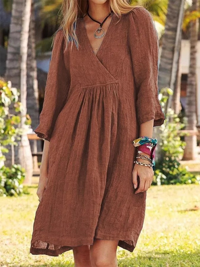 NTG Fad DRESS Brown / S Cotton linen solid color three-quarter sleeve V-neck dress