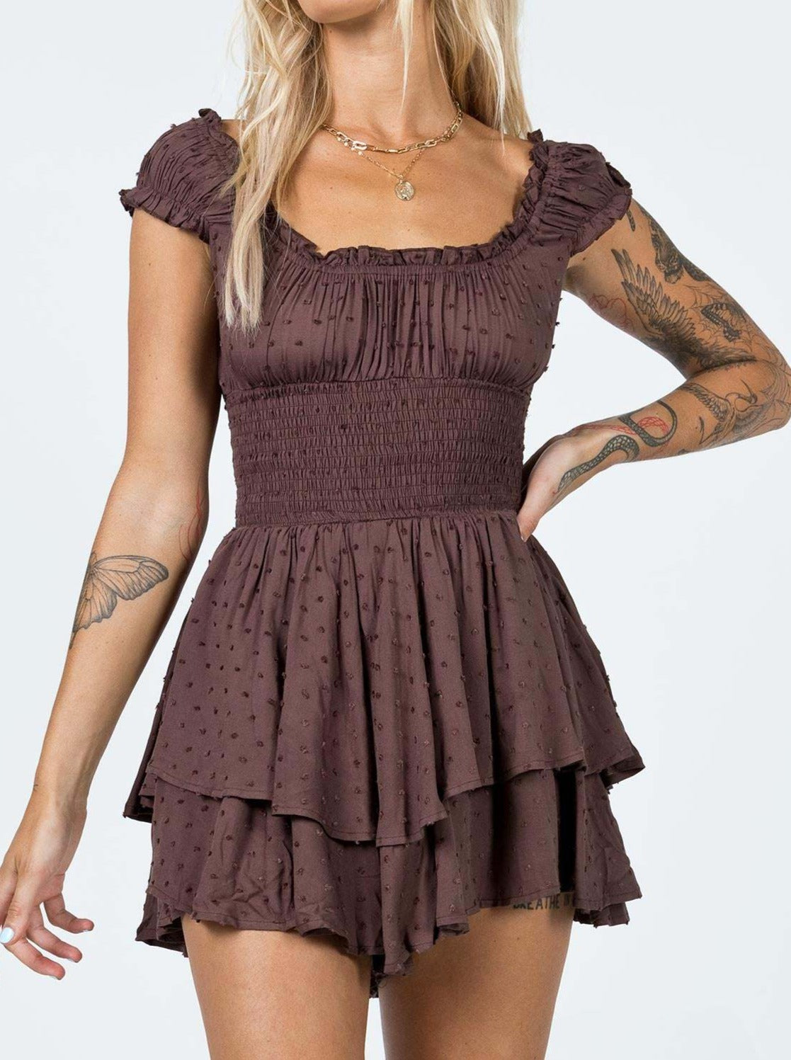 NTG Fad Dress brown / S Wrapped chest short-sleeved one-shoulder cotton and linen embroidered skirt