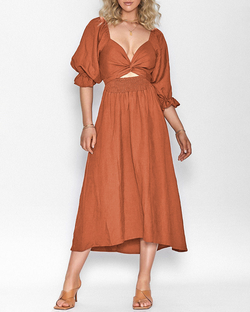 NTG Fad Dress Caramel / S(4-6) Ruffled Lantern Sleeve Multi-Wear Elegant Midi Dress