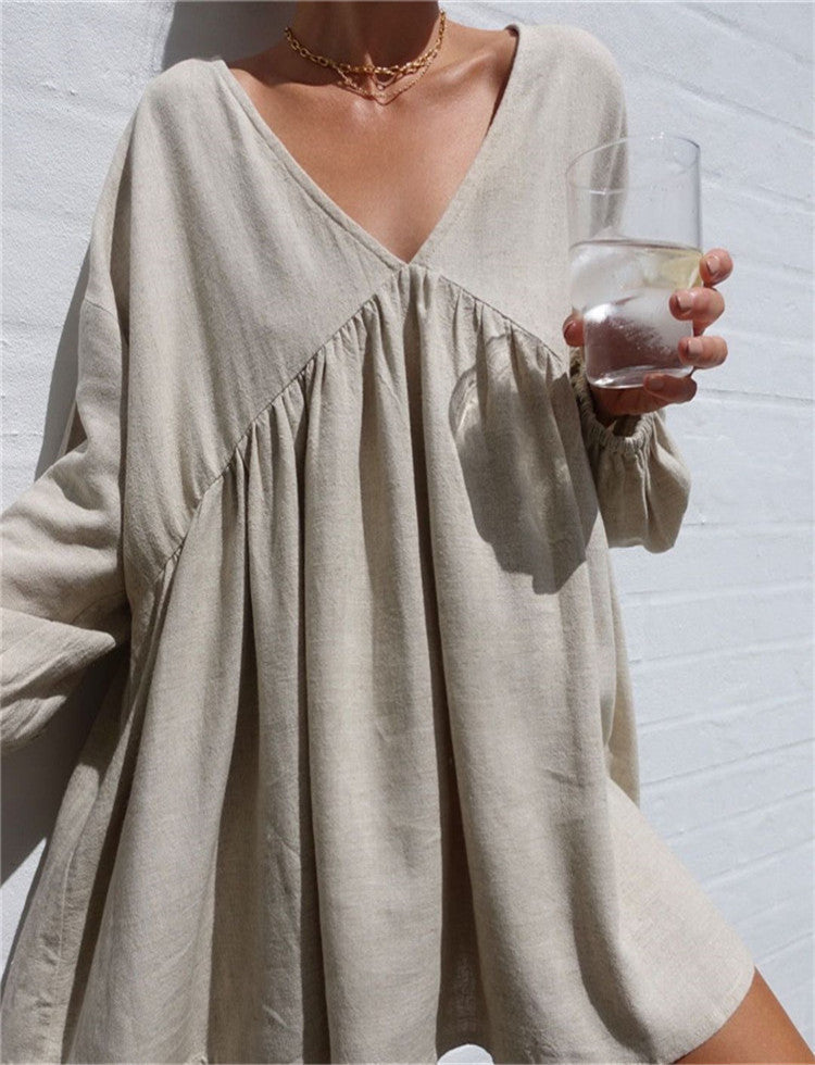 NTG Fad DRESS Casual simple solid color patchwork V-neck long-sleeved dress