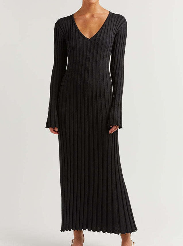 NTG Fad Dress Casual waist V-neck large pit strip slim knitted dress
