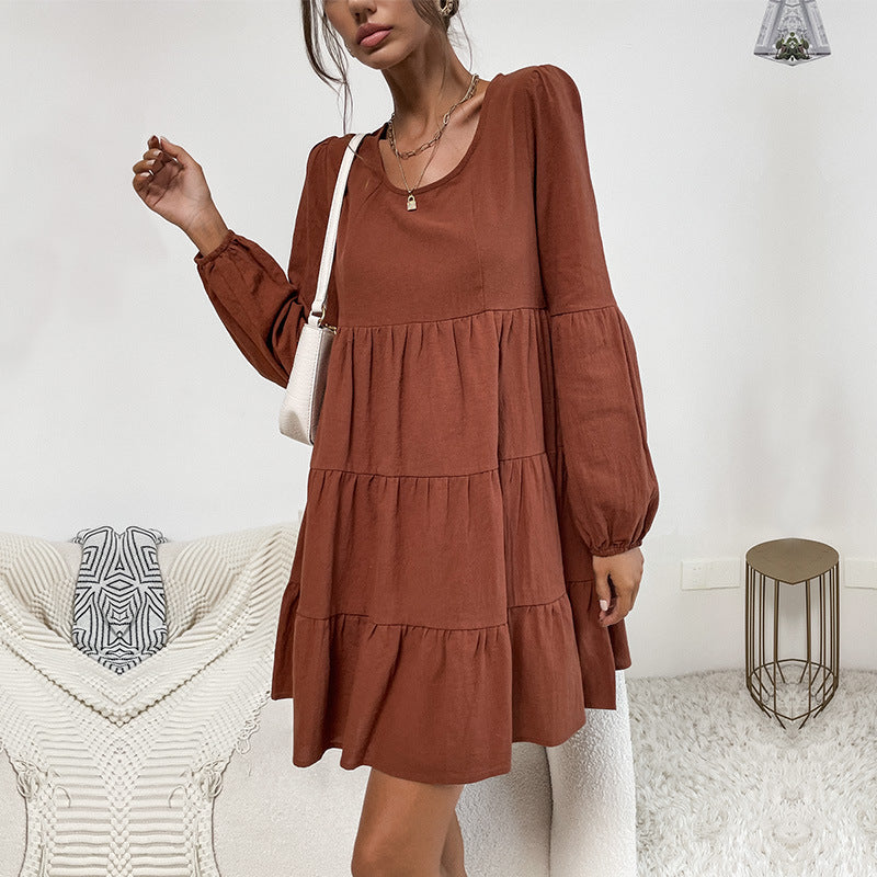 NTG Fad DRESS Coffee Brown / S Cotton linen loose pleated skirt long sleeve dress