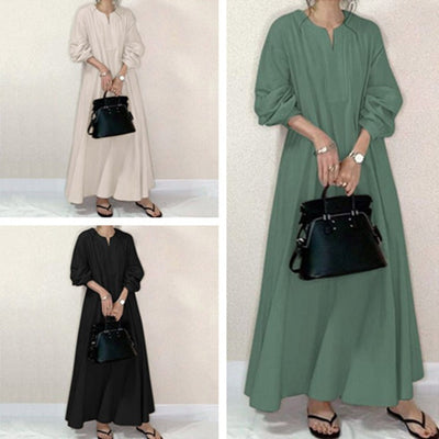 NTG Fad DRESS Cotton and linen lazy loose round neck long over-the-knee shirt dress