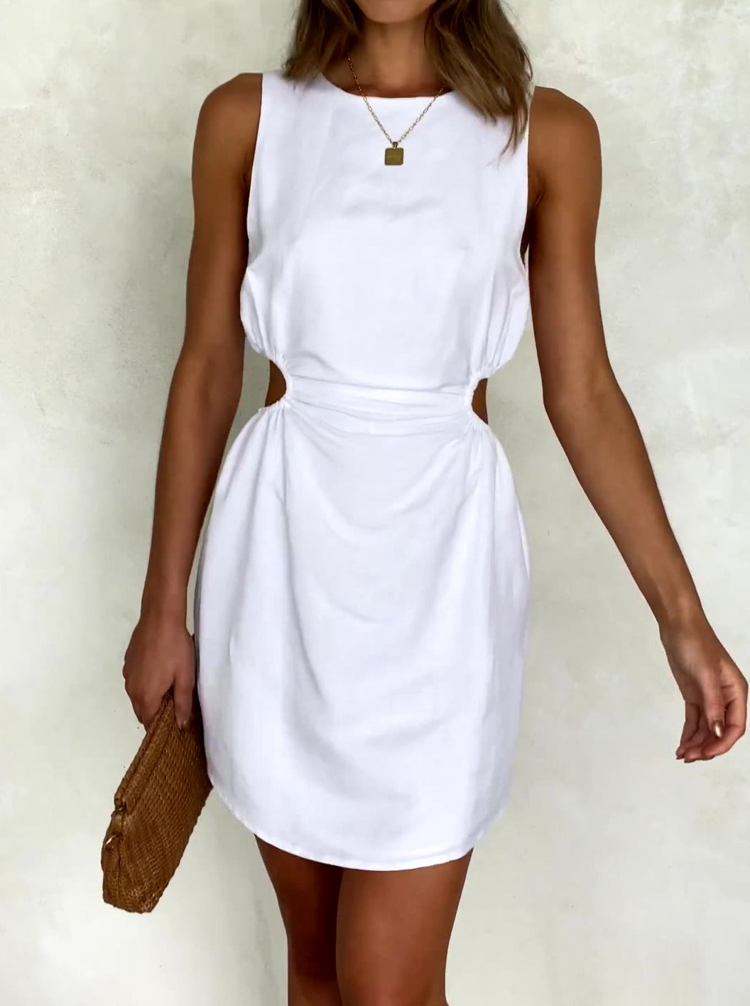 NTG Fad DRESS Cotton and linen temperament hollow waist round neck A-line skirt