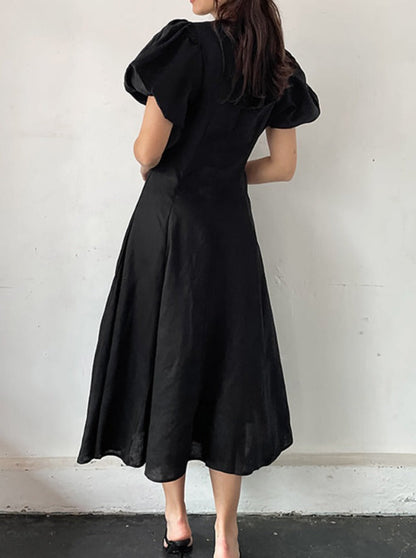 NTG Fad Dress Cotton and Linen V-Neck Puff Sleeve Knotted Dress