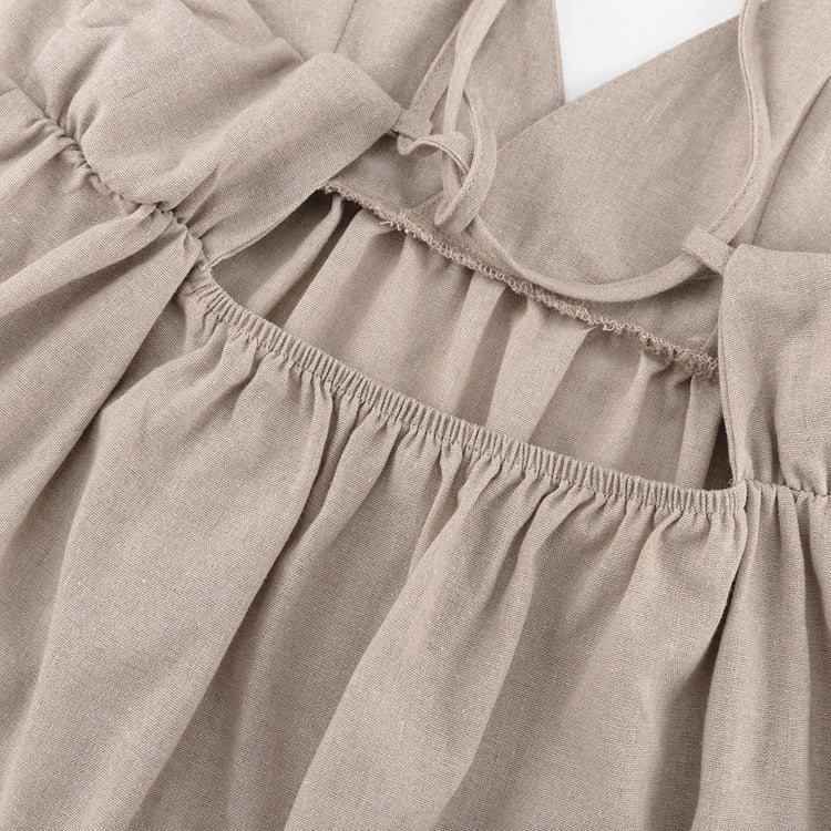 NTG Fad Dress Cotton linen pleated A-line skirt V-neck dress