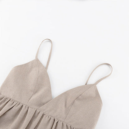 NTG Fad Dress Cotton linen pleated A-line skirt V-neck dress