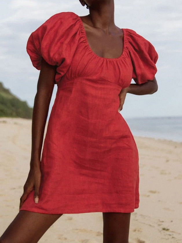 NTG Fad DRESS Cotton Linen Puff Sleeve Two-Wear Design High Waist Dress