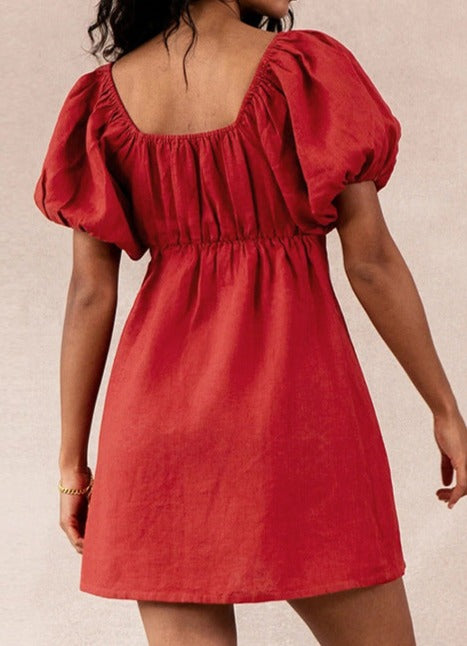 NTG Fad DRESS Cotton Linen Puff Sleeve Two-Wear Design High Waist Dress