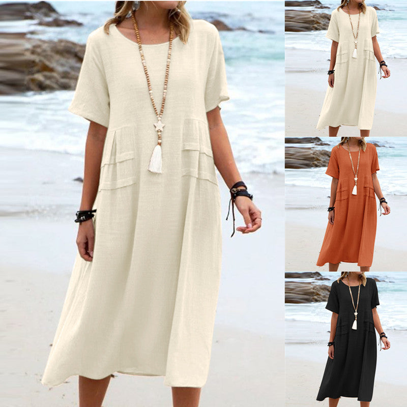 NTG Fad DRESS Cotton Linen Solid Color Round Neck Short Sleeve Long Dress