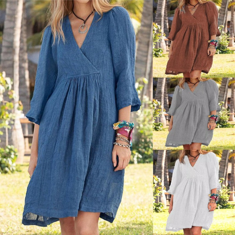 NTG Fad DRESS Cotton linen solid color three-quarter sleeve V-neck dress