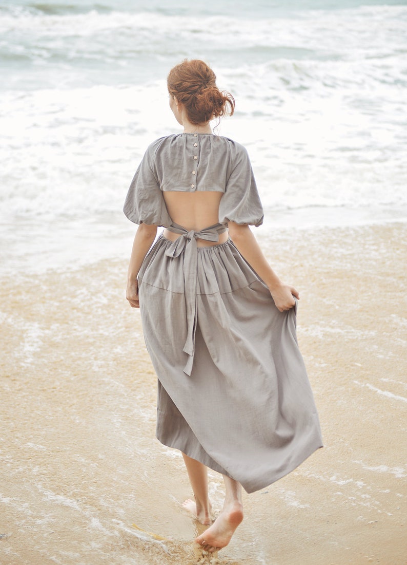 NTG Fad Dress Cotton open-back balloon-sleeve dress (HAND MADE)