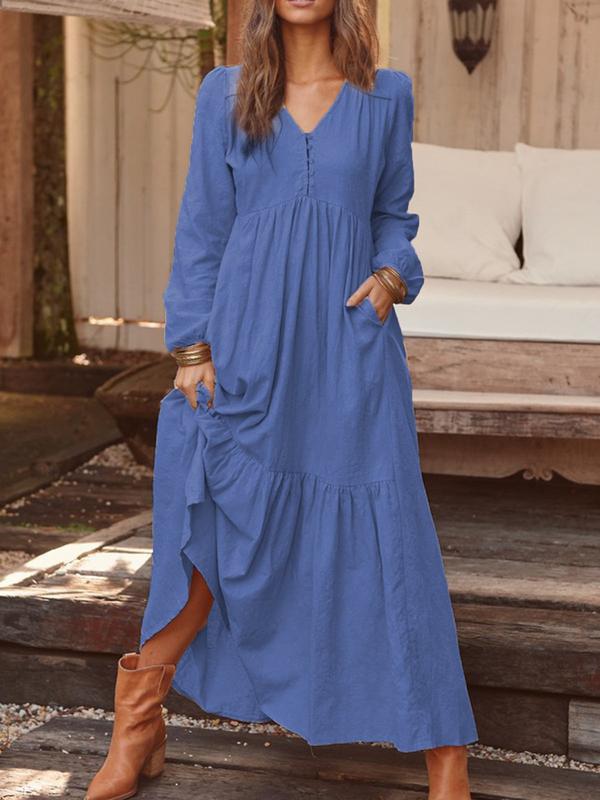 NTG Fad DRESS Dark Blue / S Cotton and Linen Retro Casual Long-sleeved Swing Dress