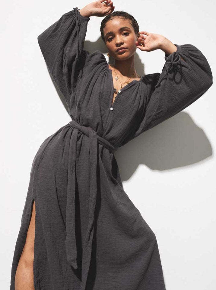 NTG Fad DRESS Dark gray / One size Cotton linen retro slit dress