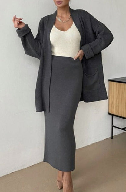 NTG Fad Dress dark gray / one size Loose Knit Cardigan High Waist Skirt Set