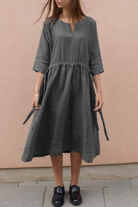 NTG Fad DRESS Dark Gray / S New style V-neck cotton and linen mid-sleeved dress