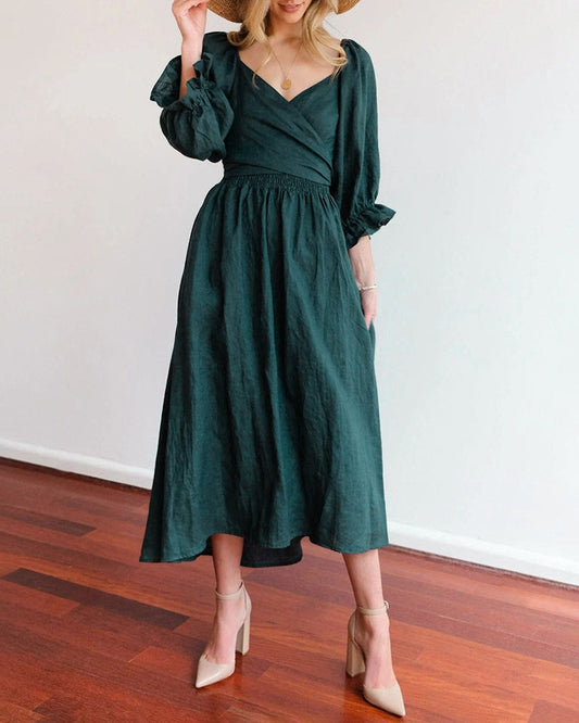 NTG Fad Dress Dark Green / S(4-6) Ruffled Lantern Sleeve Multi-Wear Elegant Midi Dress