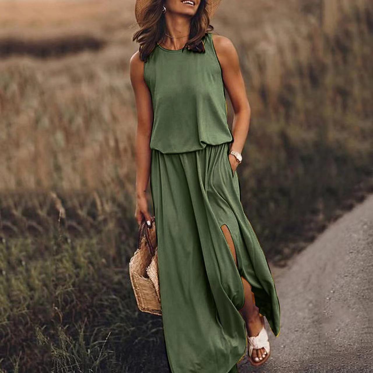 NTG Fad Dress Dark Green / S Round neck sleeveless slit solid color dress