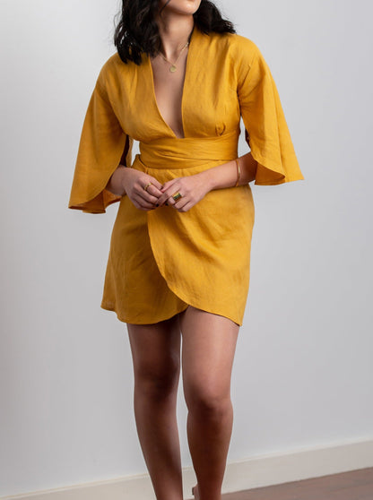 NTG Fad Dress Deep V Ruffle Sleeve Long Sleeve Mini Dress-(Hand Made）