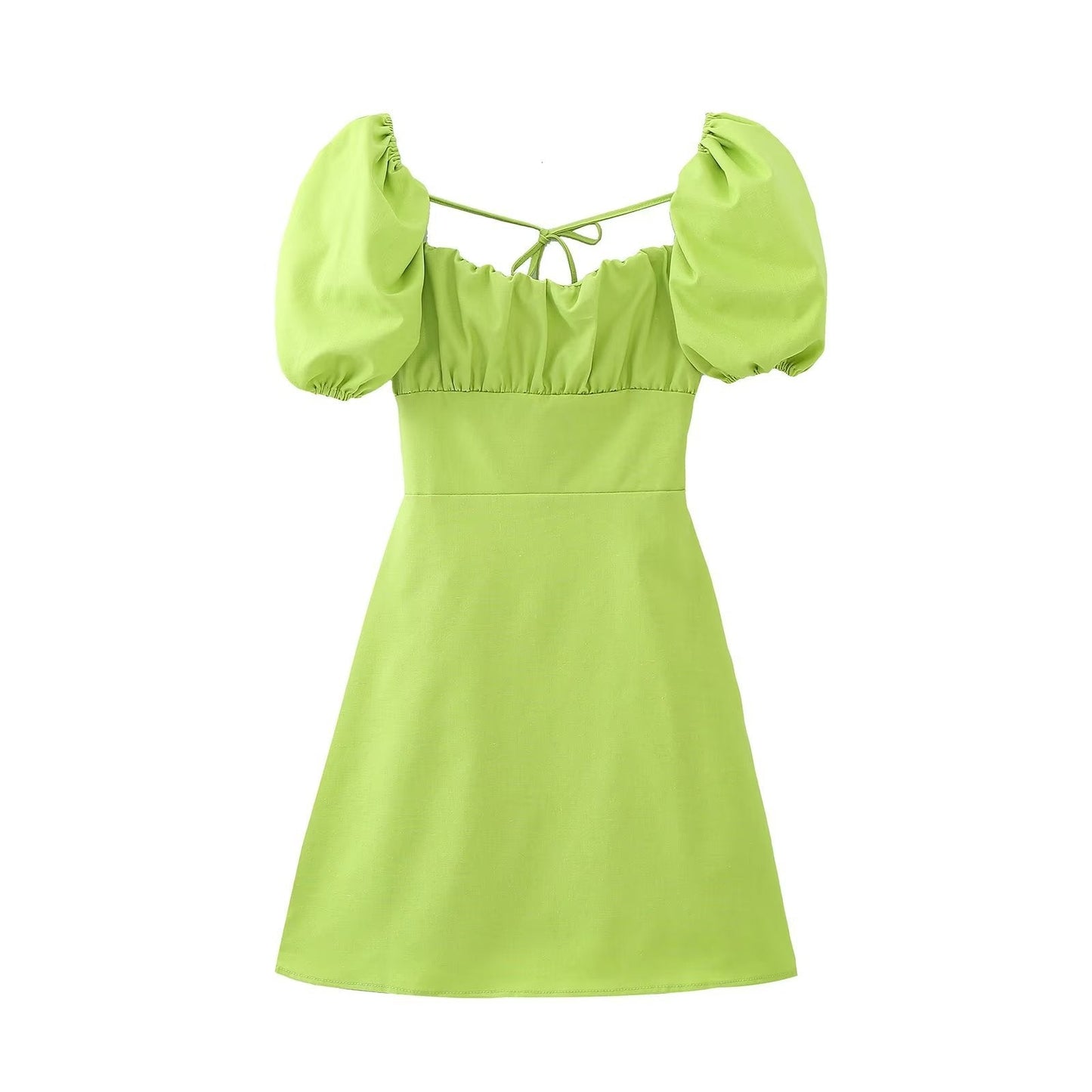 NTG Fad Dress fluorescent green / S Linen Tie Square Neck Slim Balloon Sleeve Solid Color Slim Dress