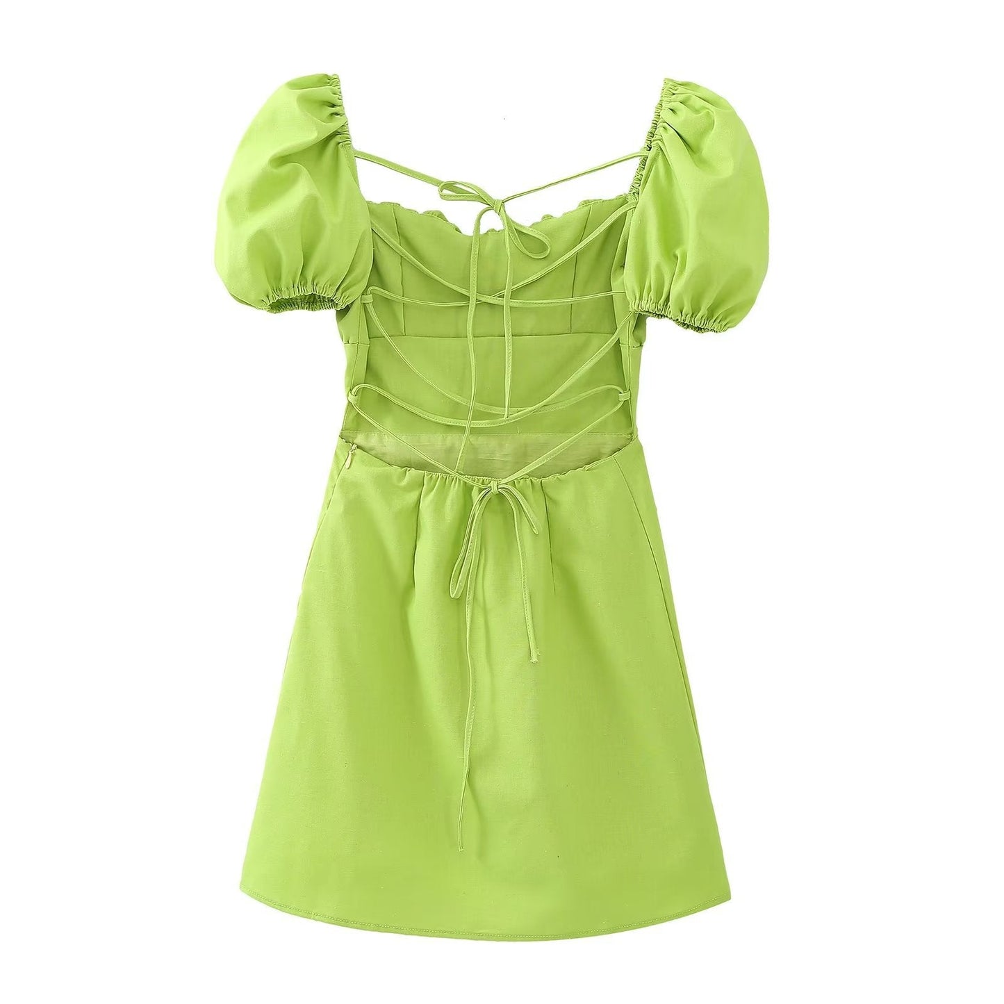 NTG Fad Dress fluorescent green / XS Linen Tie Square Neck Slim Balloon Sleeve Solid Color Slim Dress