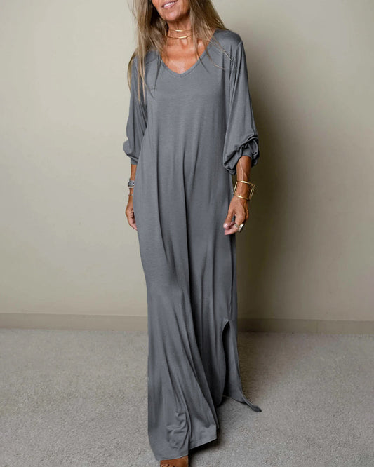 NTG Fad Dress Gray / S Casual Classic Long Sleeve V-Neck Maxi Dress