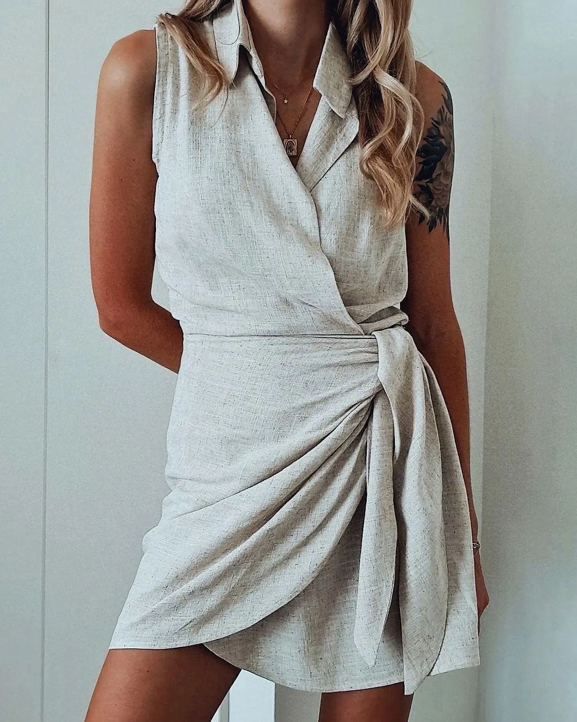 NTG Fad DRESS Gray / S Irregular Tie Sleeveless Shirt Dress-(Hand Made)