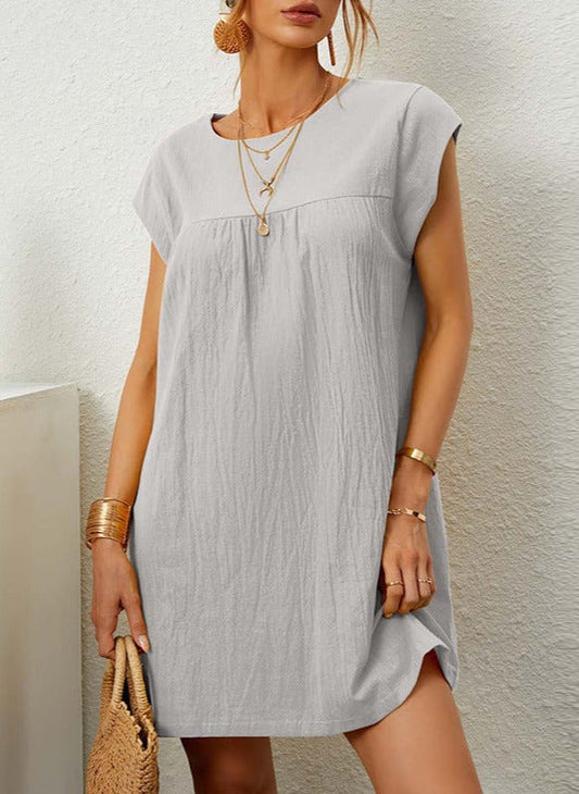 NTG Fad DRESS Gray / S Short Sleeve Round Neck Solid Color Cotton Linen Dress