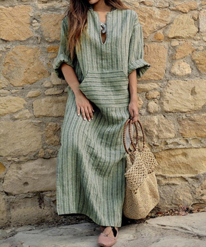 NTG Fad dress Green / 2XL New Cotton And Linen Yarn-dyed Striped Loose Long Dress