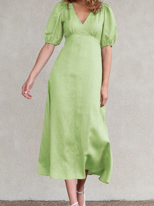 NTG Fad Dress Green / L V-neck short-sleeve slim dress