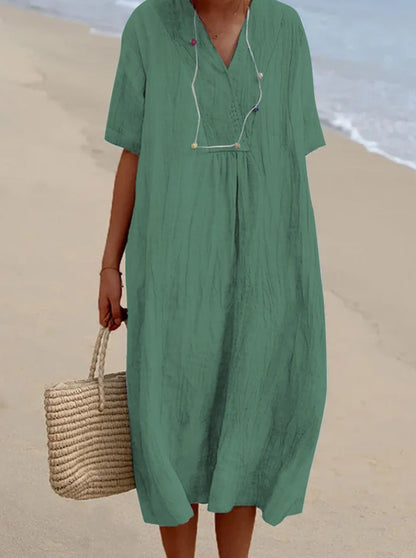 NTG Fad DRESS Green / L Women's solid color cotton linen dress