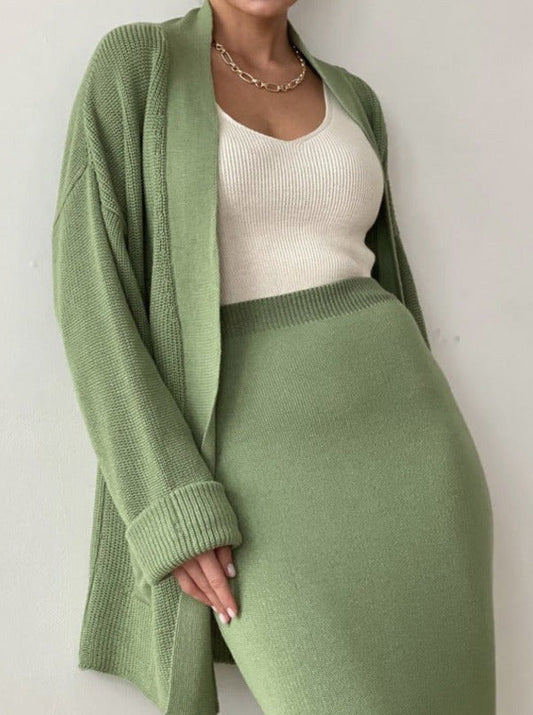 NTG Fad Dress green / one size Loose Knit Cardigan High Waist Skirt Set