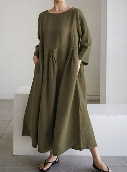 NTG Fad DRESS Green / S Casual artistic linen texture long-sleeved dress