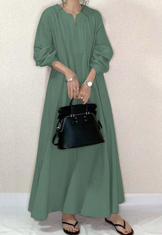 NTG Fad DRESS Green / S Cotton and linen lazy loose round neck long over-the-knee shirt dress