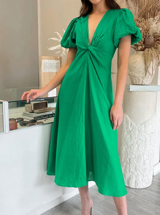 NTG Fad Dress green / S Cotton and Linen V-Neck Puff Sleeve Knotted Dress