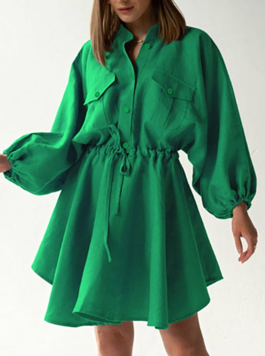 NTG Fad Dress green / S Cotton and linen waist design shirt skirt