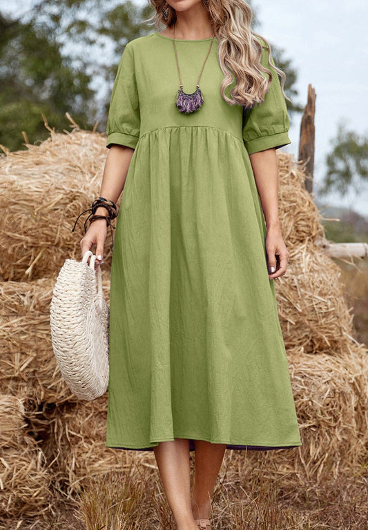 NTG Fad DRESS Green / S Cotton Linen Loose Round Neck Long Dress