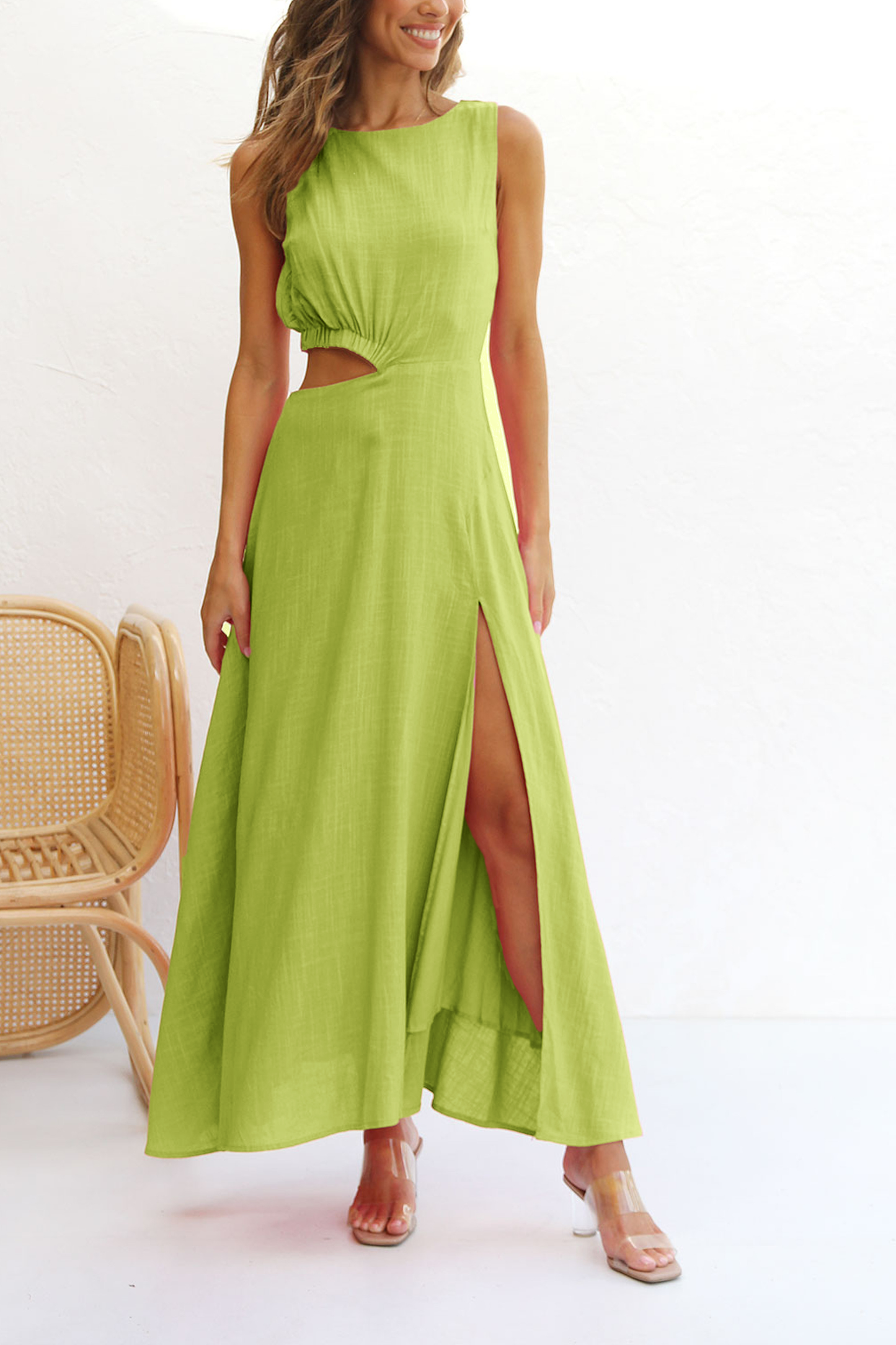 NTG Fad Dress Green / S Cotton linen open waist side slit long skirt
