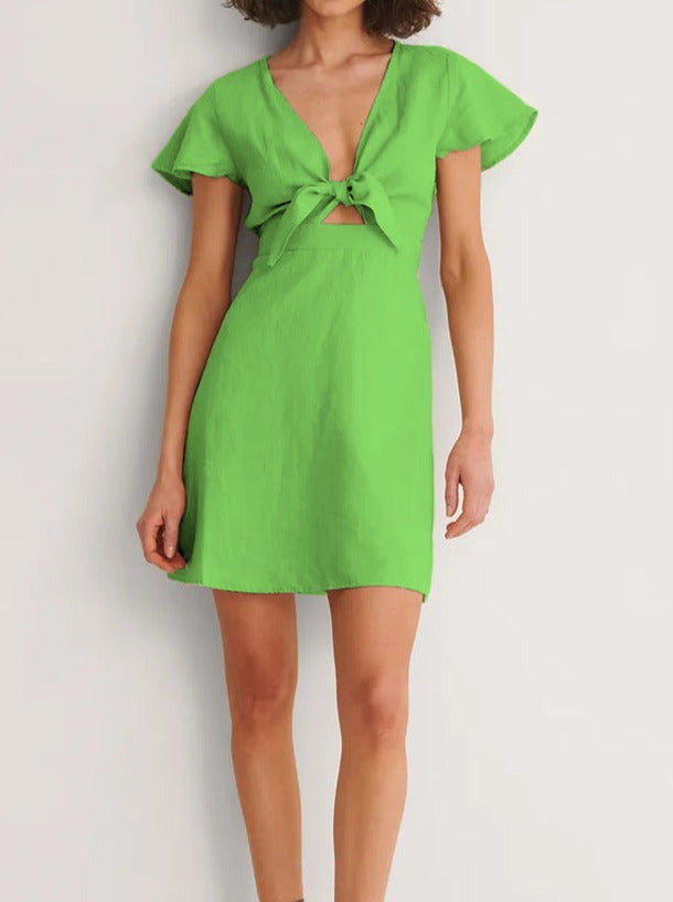 NTG Fad DRESS Green / S Cotton linen sexy V-neck A-line skirt
