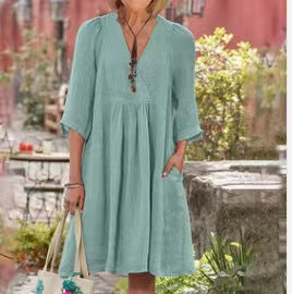 NTG Fad DRESS Green / S Cotton linen solid color three-quarter sleeve V-neck dress