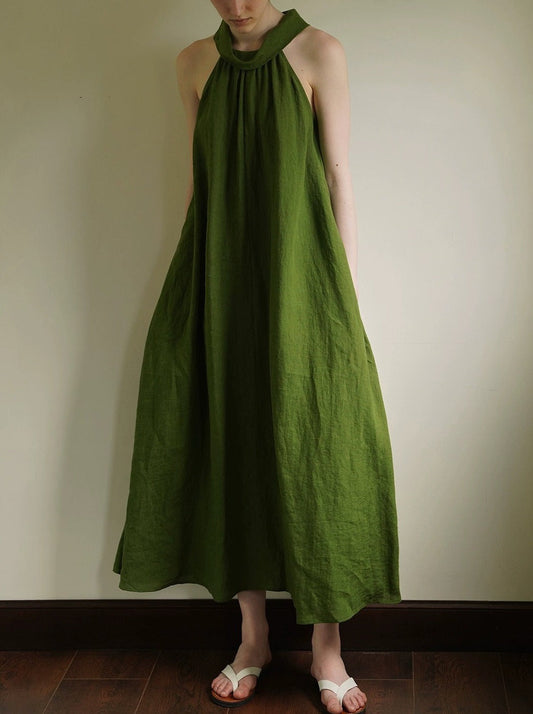 NTG Fad Dress Green / S Linen Sand Wash Texture Halter Neck Dress