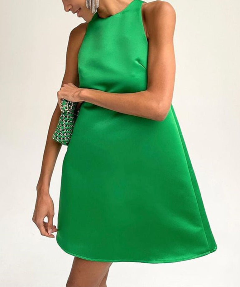 NTG Fad Dress Green / S Round neck satin sleeveless A-line dress