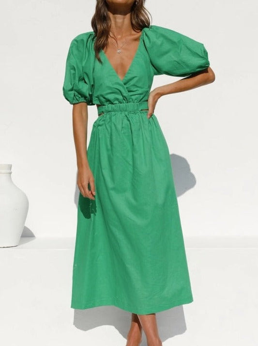 NTG Fad Dress green / S Short Sleeve Open Waist Tie Dress