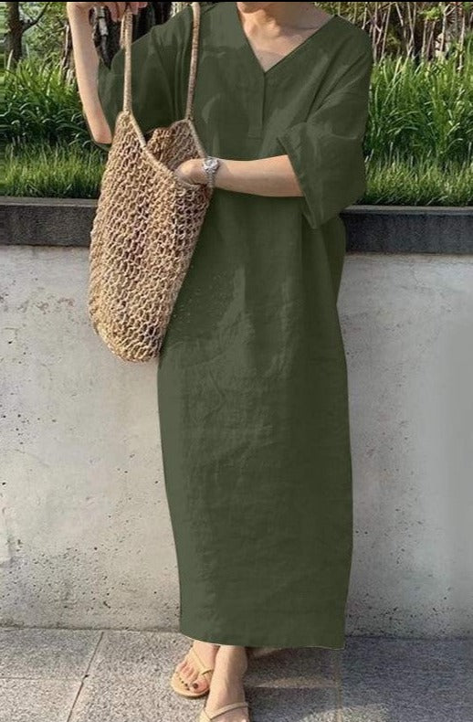 NTG Fad DRESS Green / S Short Sleeve V Neck Elegant Long Dress